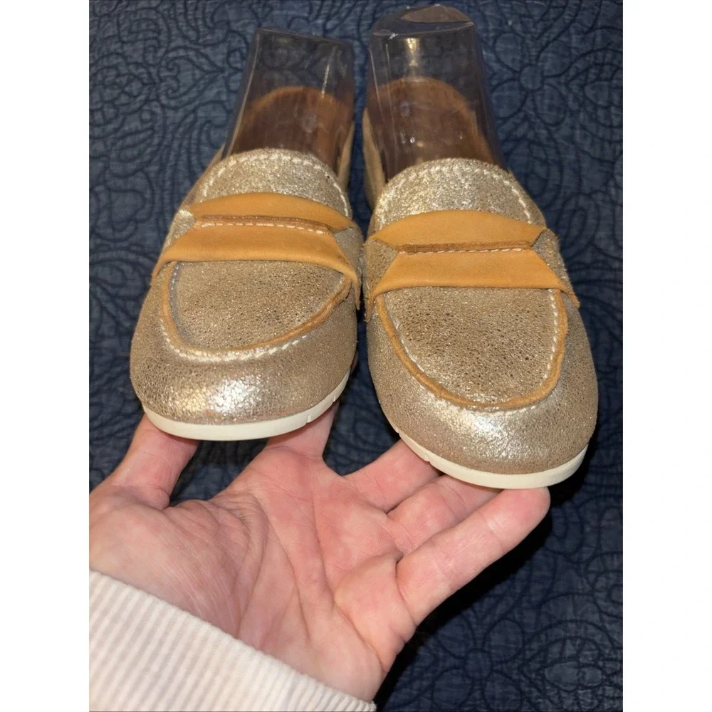 Frye Women's 8.5 M Sedona Seam Tan Leather Metallic Gold Loafer Shoes Flexible